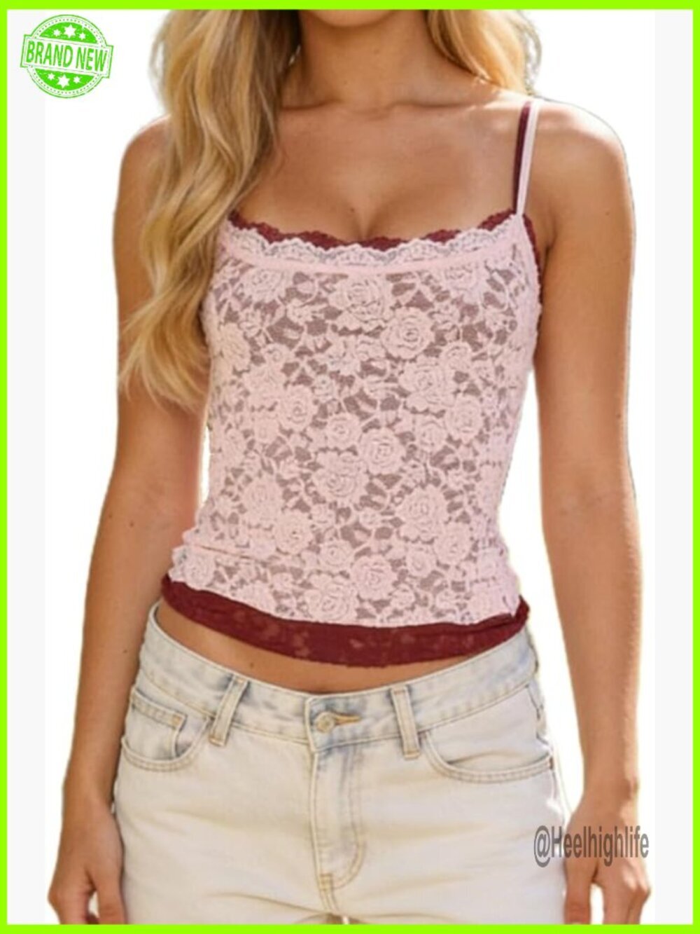 Y2K Lace Crop Cami Top Sheer Mesh Fake Two Piece Slim Fit Retro Tank Top